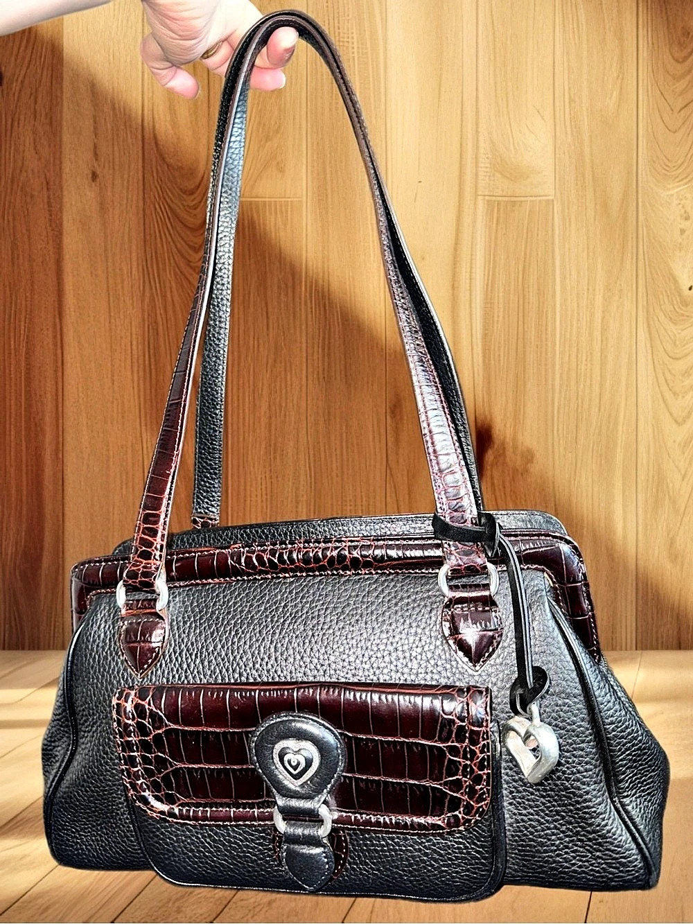 Vintage Brighton Loreen Black Pebbled Leather Satchel w/ Croc Embossed Trim